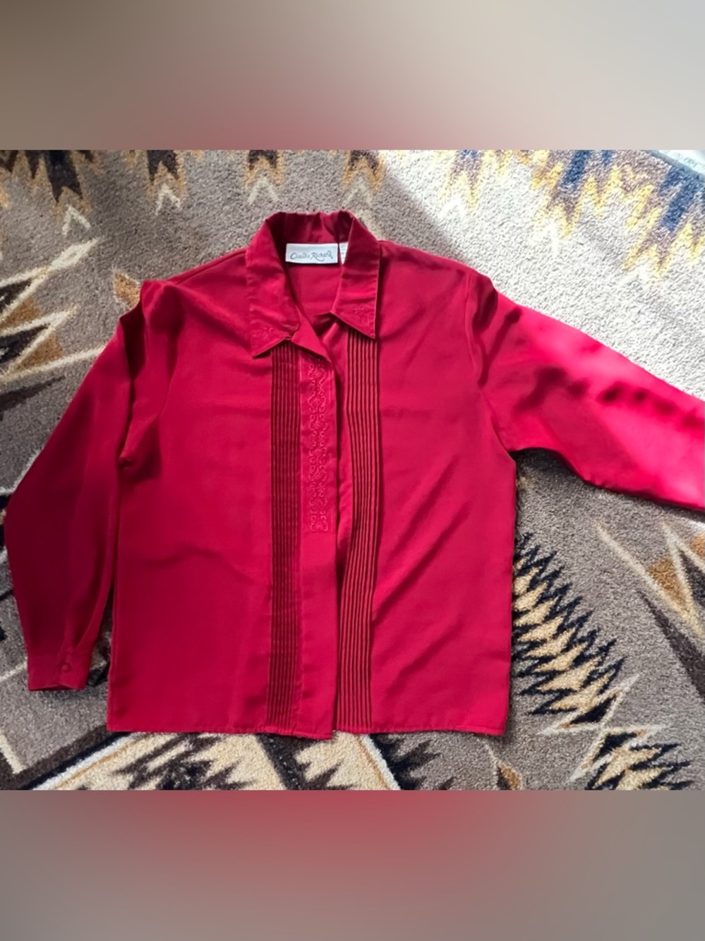Claudia Richard Vibrant Red Pleated & Embroidered Blouse size 10.